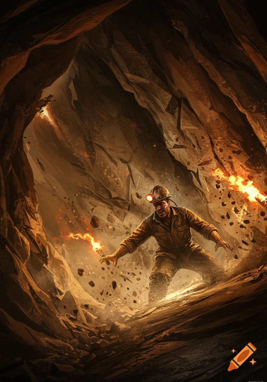 A distressed miner in a hard hat struggles through a collapsing, fiery cave as debris falls. Dramatic illustration.