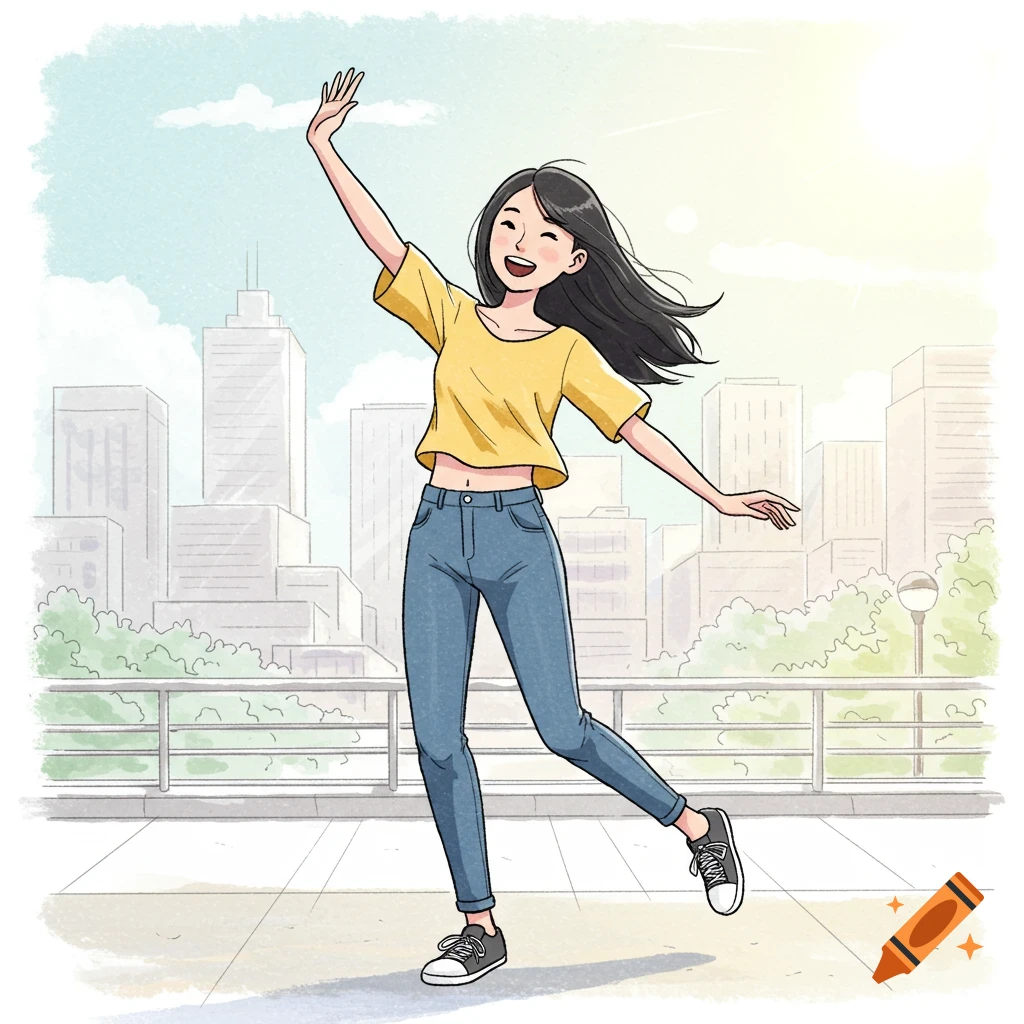 A smiling cartoon woman with long dark hair waves with outstretched arms in front of a city skyline.