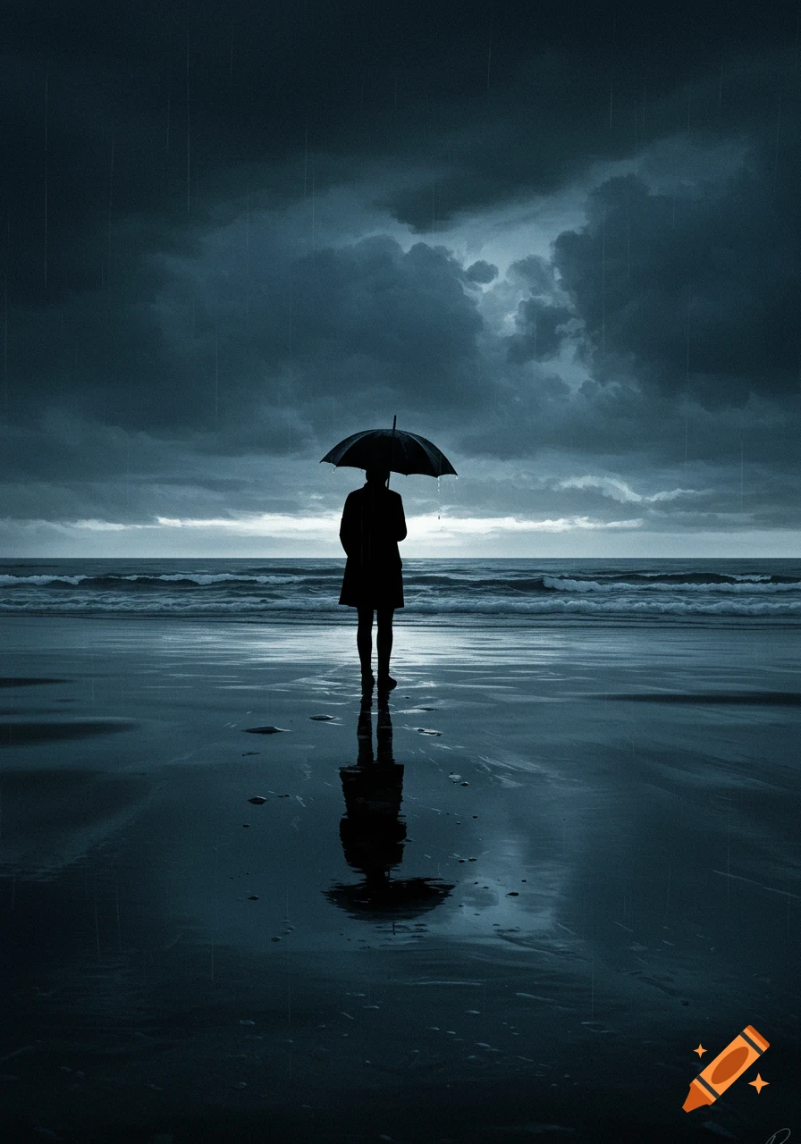 A solitary figure holding an umbrella stands on a wet beach, gazing at a dark, stormy ocean under a cloudy sky.