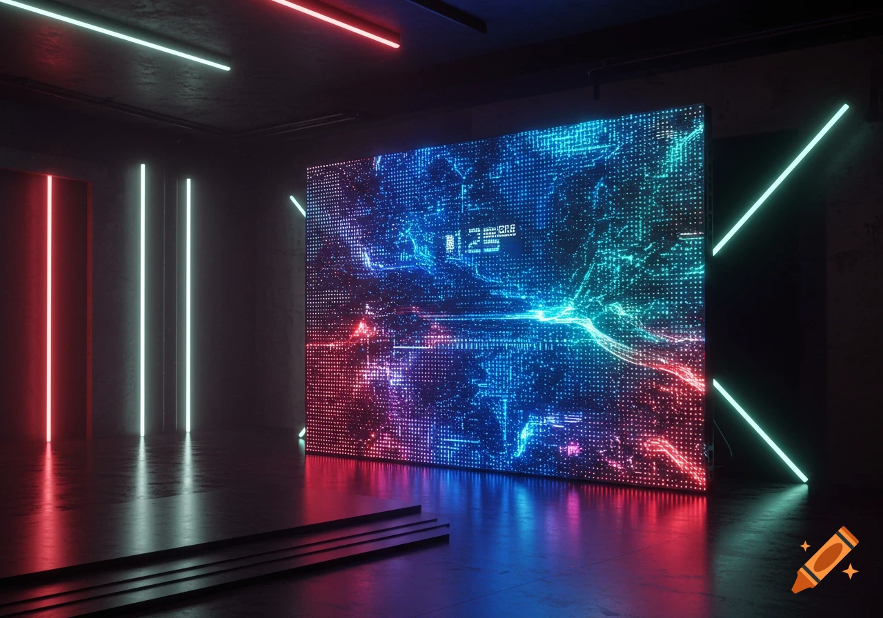 Dark room with a large LED screen displaying abstract blue and red data patterns, illuminated by neon lights.