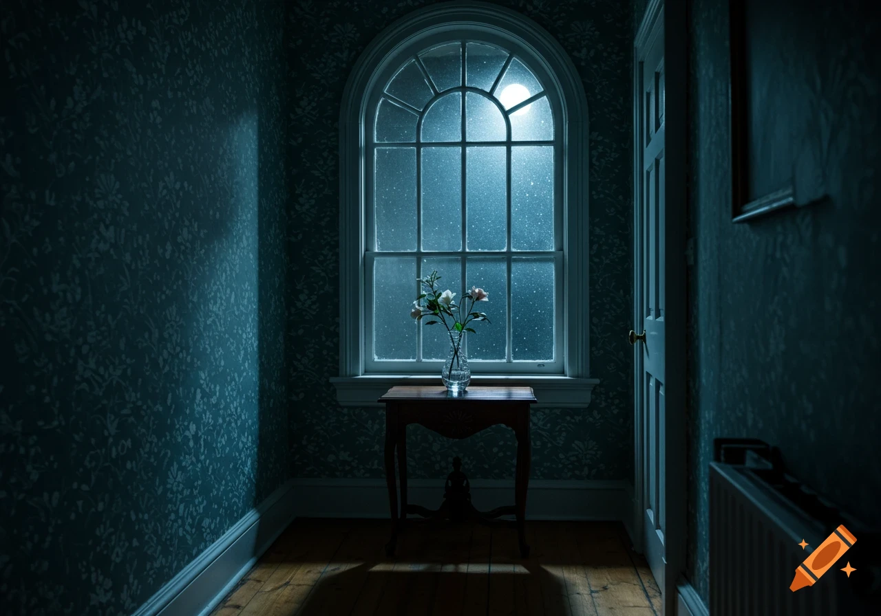A dimly lit room with blue patterned wallpaper and wooden floors, featuring an arched window with snow outside and a small table with flowers.