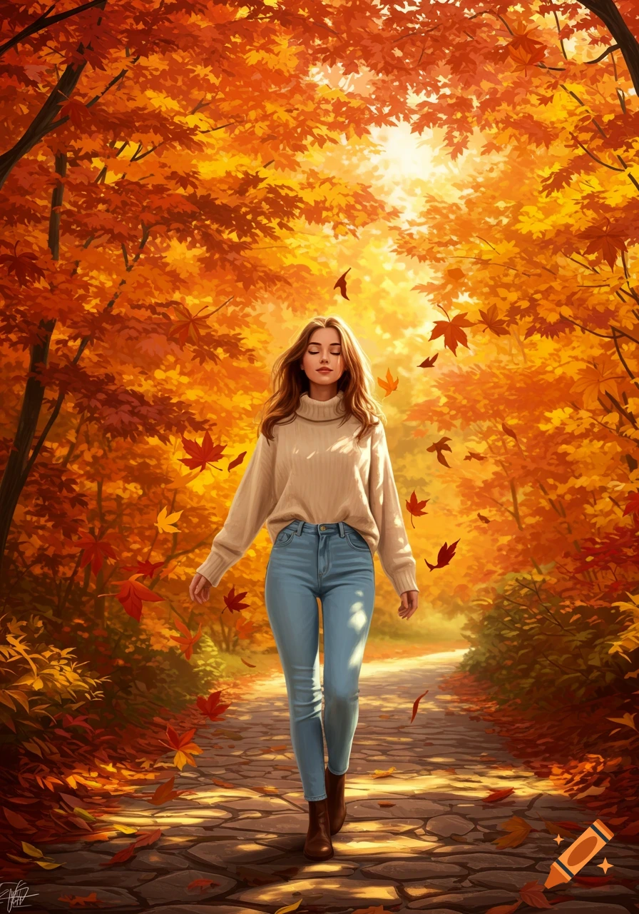 A serene woman in a beige sweater and blue jeans walks on a stone path through a vibrant autumn forest with falling leaves. Digital art.