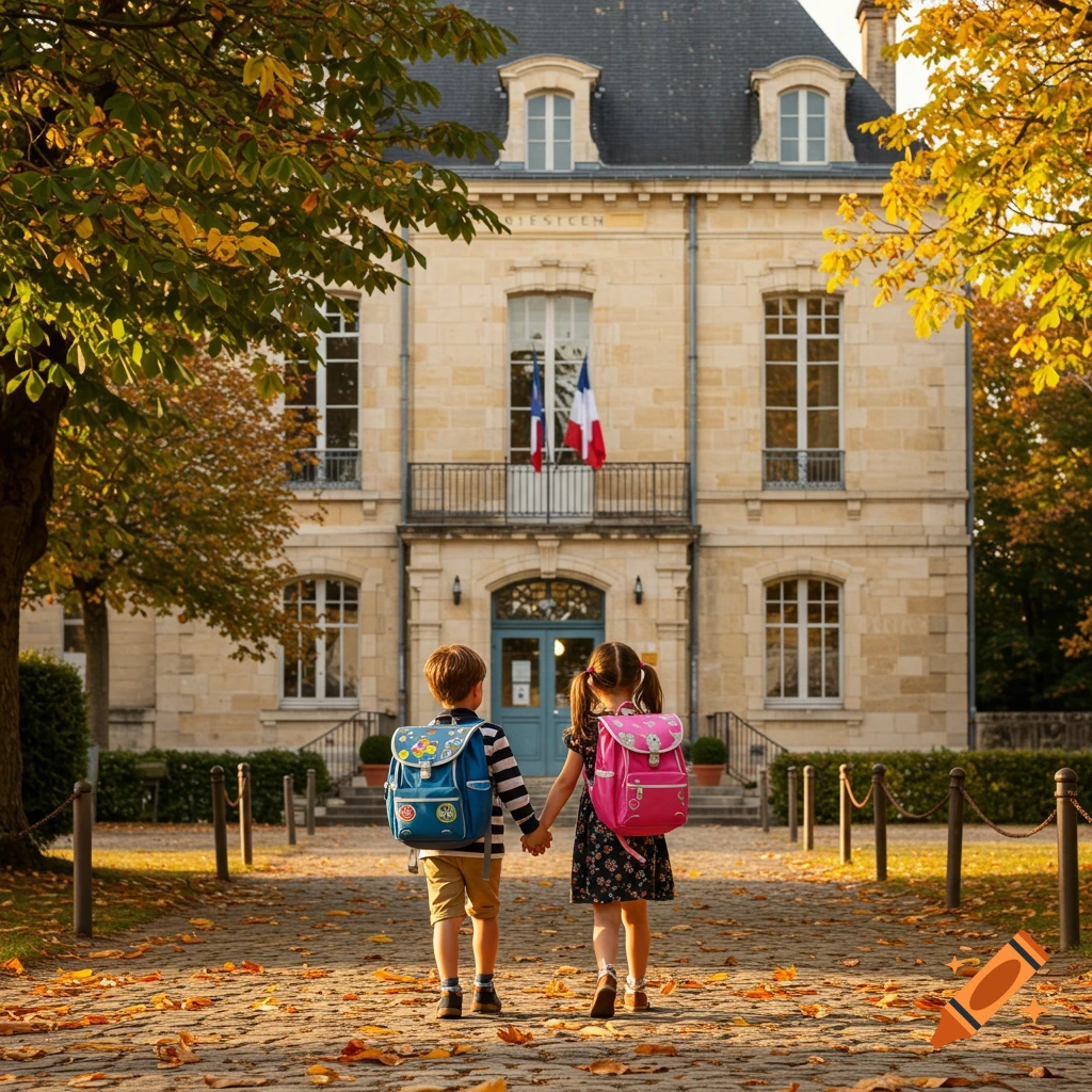 Two children with backpacks holding hands, walking on a leaf-covered path towards a stone school building under autumn trees.