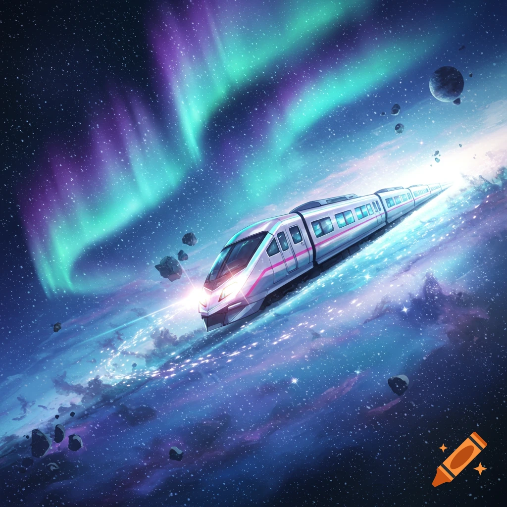A futuristic bullet train soars through a starry cosmic sky with vibrant aurora borealis and floating asteroids.