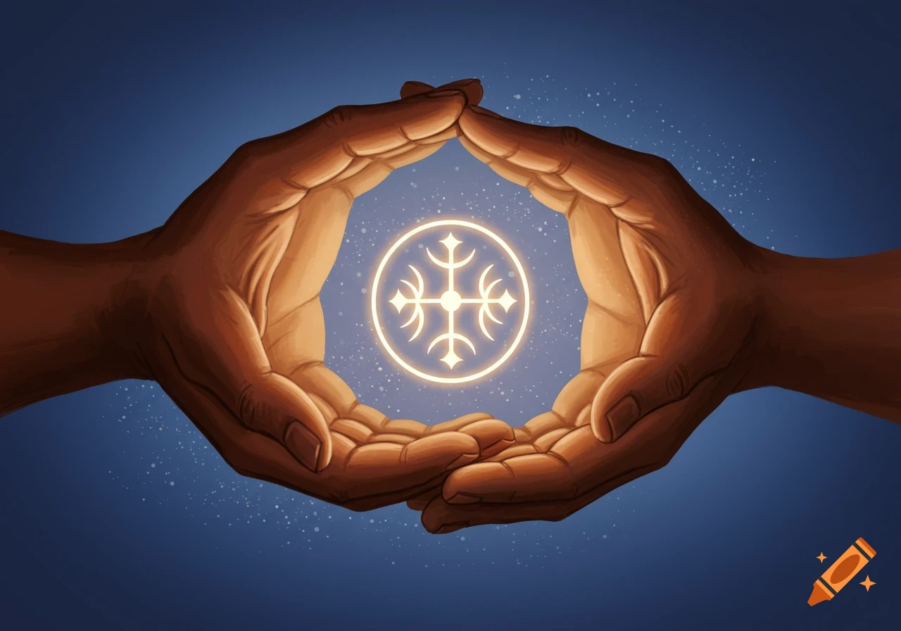 Two brown hands cup a glowing circular symbol with intricate patterns against a dark blue, speckled background, in an illustrative style.