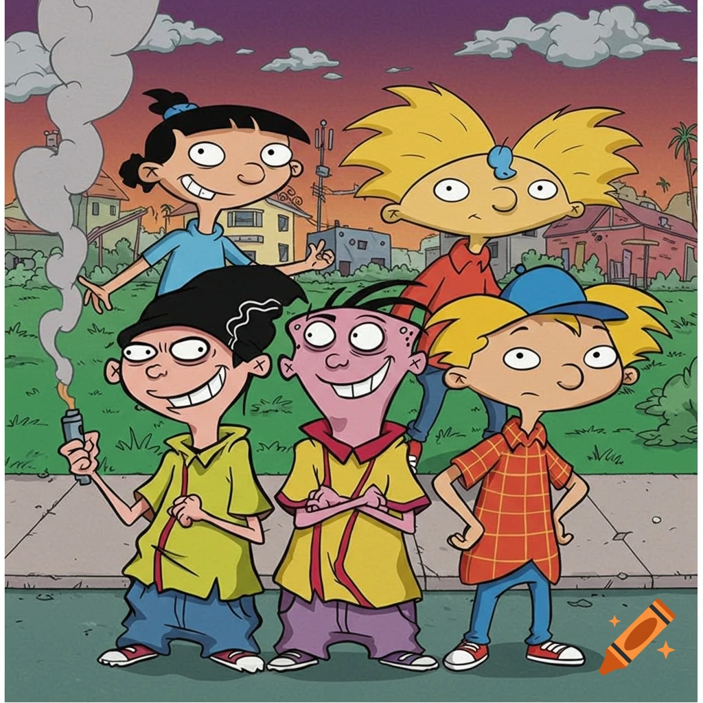 Cartoon characters from Ed, Edd n Eddy and Hey Arnold! stand together in a suburban setting. Double D holds a smoking stick.