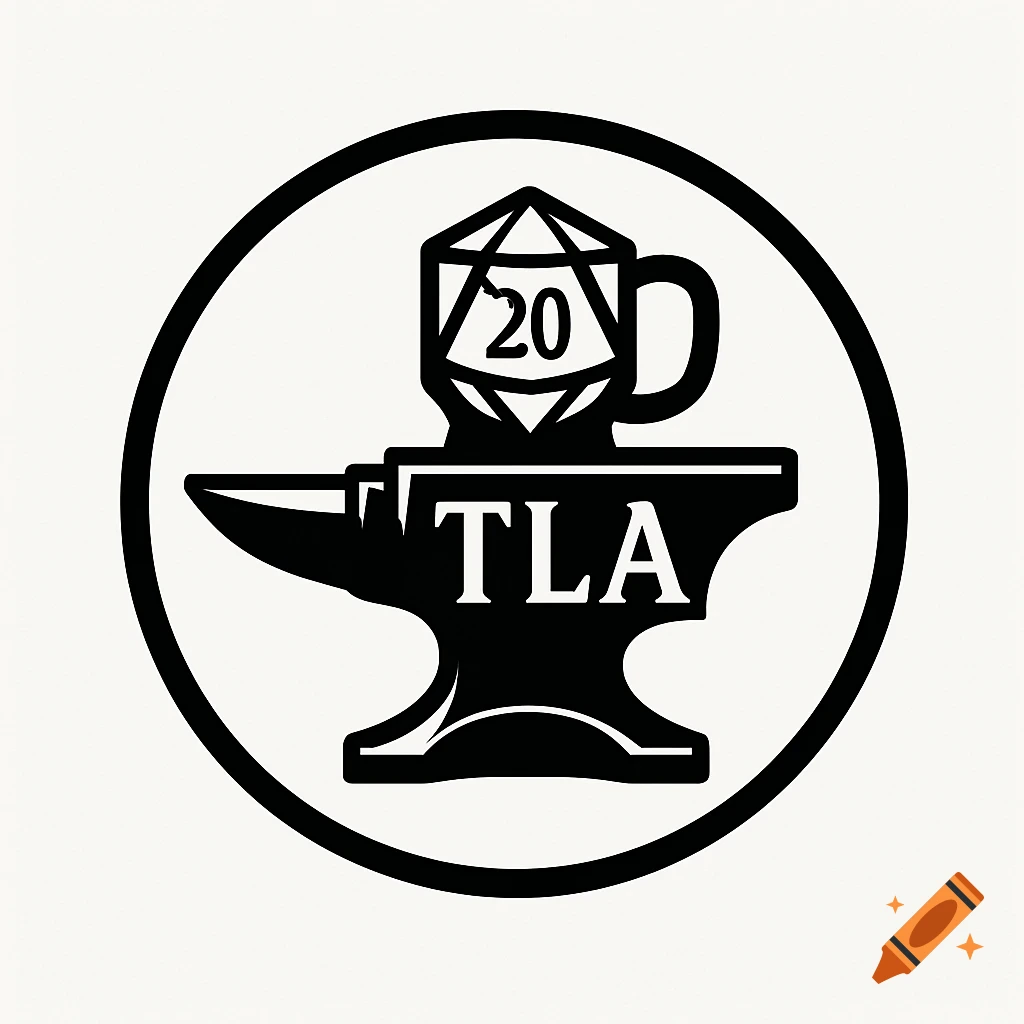 Black and white logo featuring an anvil, a d20 with a mug handle, and the text "TLA" inside a circle.
