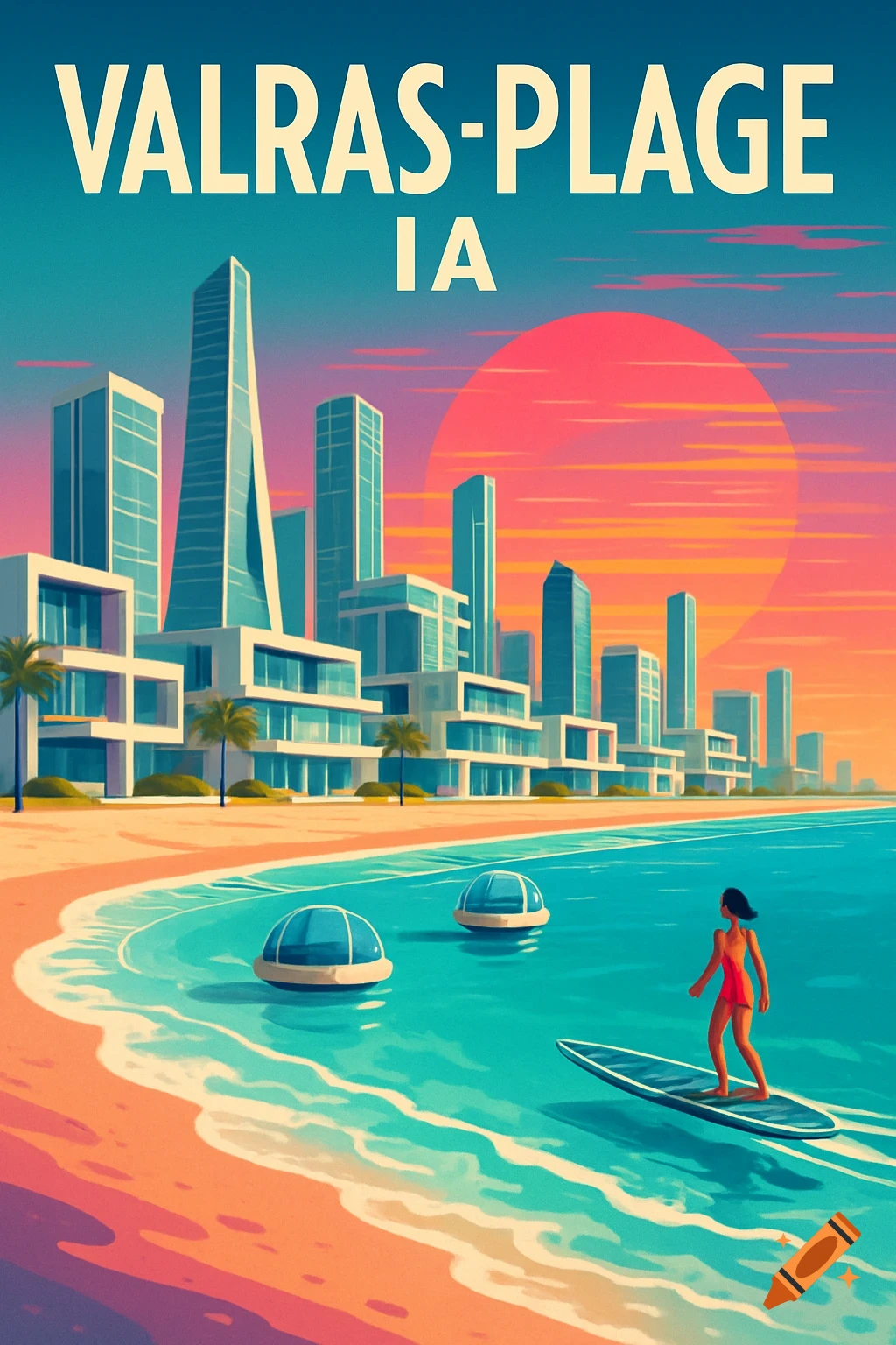 A stylized travel poster for Valras-Plage IA, featuring a futuristic city skyline, a beach with clear blue water, a person surfing, and a large orange sun setting in the background.