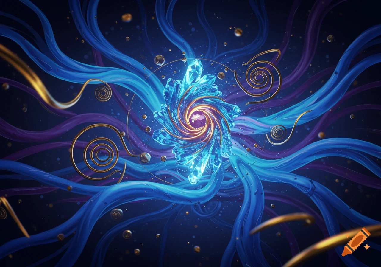 Vibrant abstract art with a glowing blue crystal spiral, swirling blue and purple tendrils, golden spirals, and floating orbs.