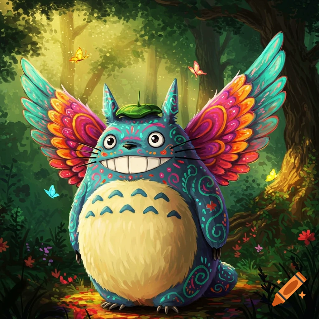 A colorful, winged Totoro character with alebrije patterns stands in a sun-dappled green forest with butterflies.