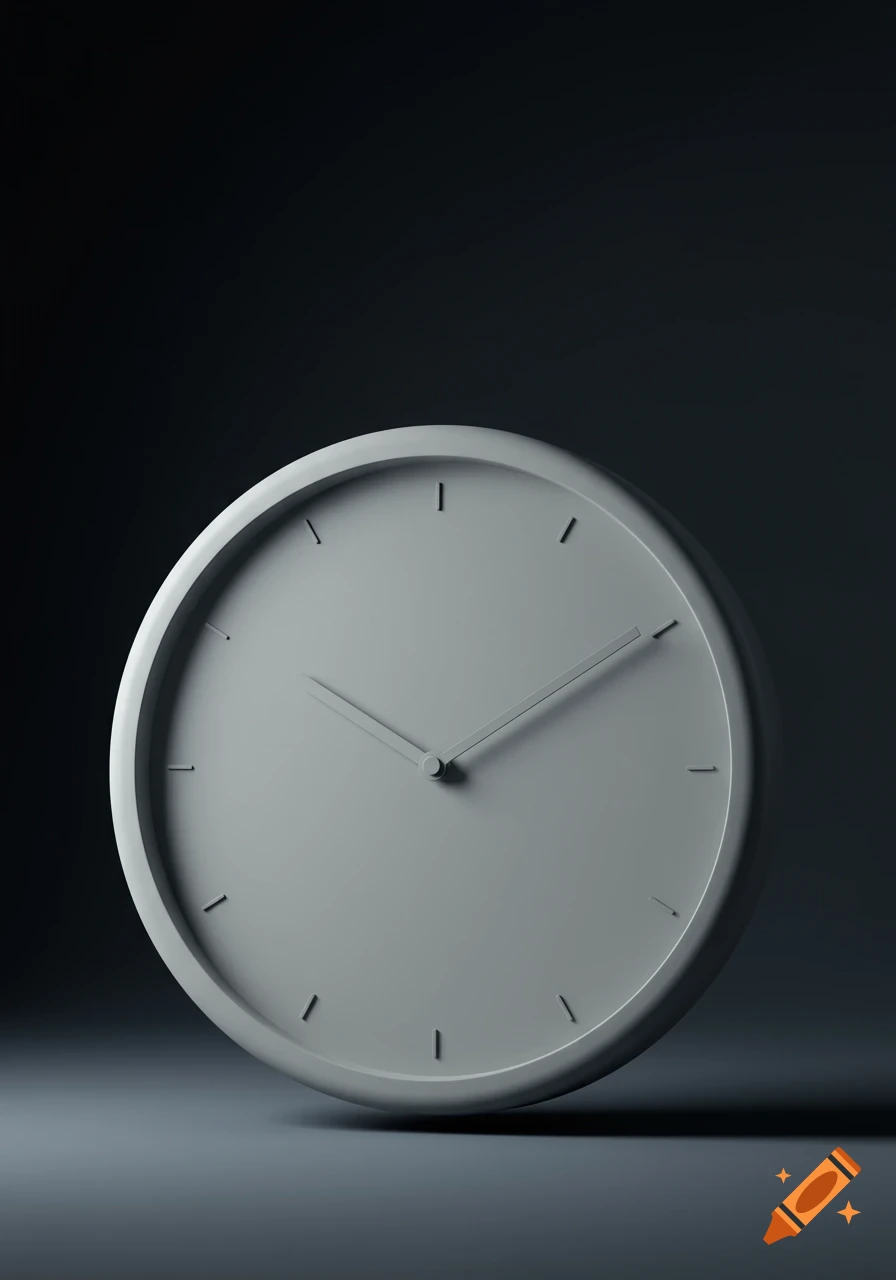A minimalist grey wall clock with only tick marks and hands, set against a dark grey background with subtle lighting.