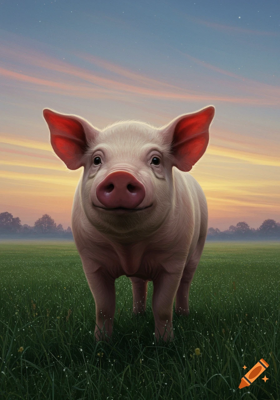 A smiling pig with a humanlike face stands in a dewy green field under a sunset sky.