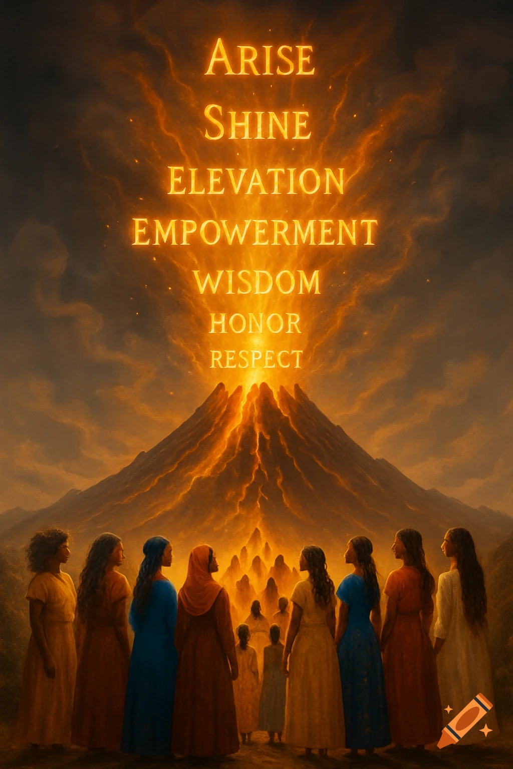 A group of women stand before an erupting volcano with glowing words 'Arise, Shine, Elevation, Empowerment, Wisdom, Honor, Respect' rising into the sky.