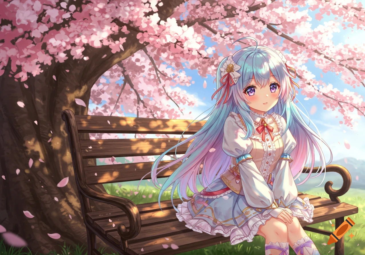 Anime girl with long pastel hair and a frilly dress sits on a bench under a blooming cherry blossom tree.