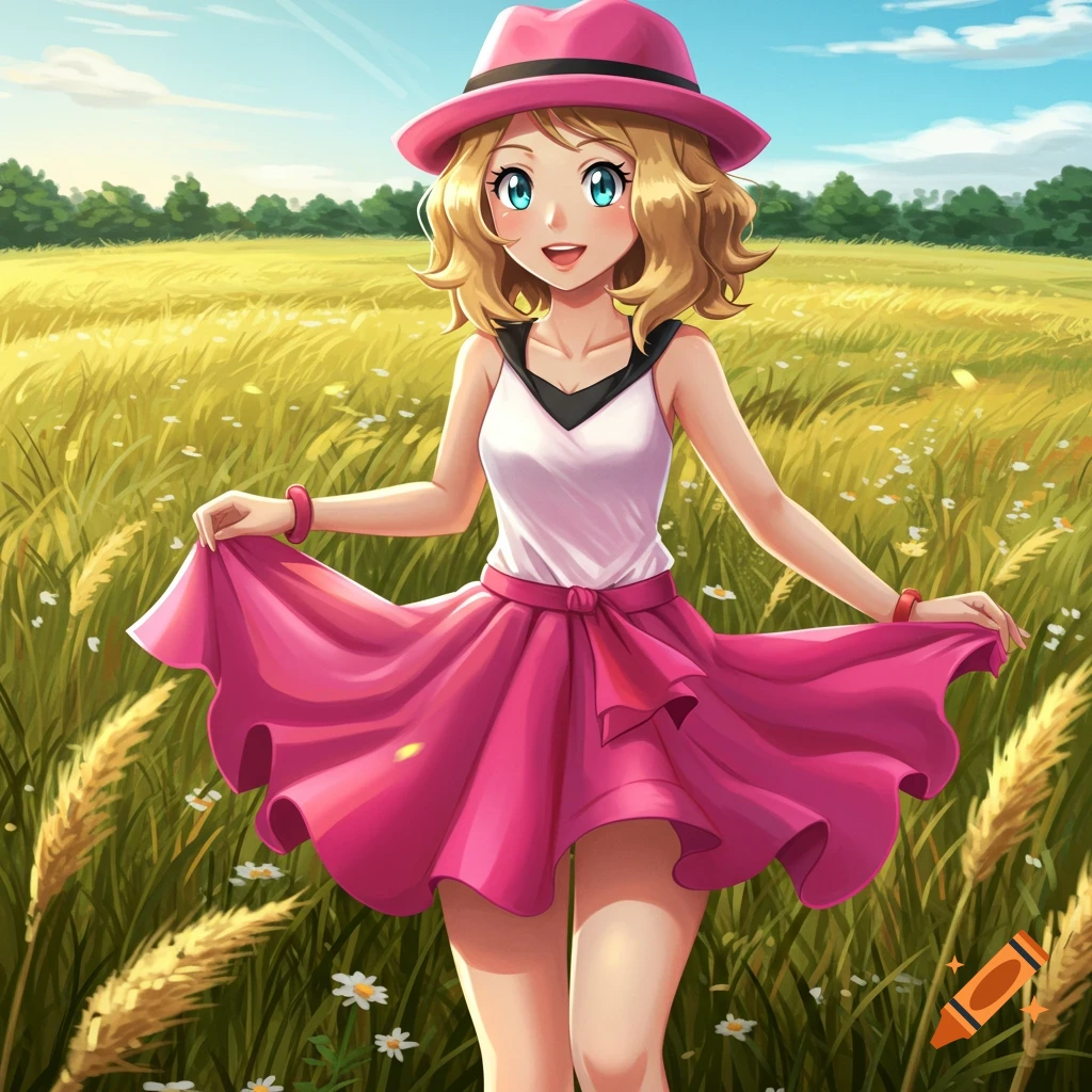 Anime girl Serena from Pokemon in a pink hat and skirt, posing in a sunny wheat field.