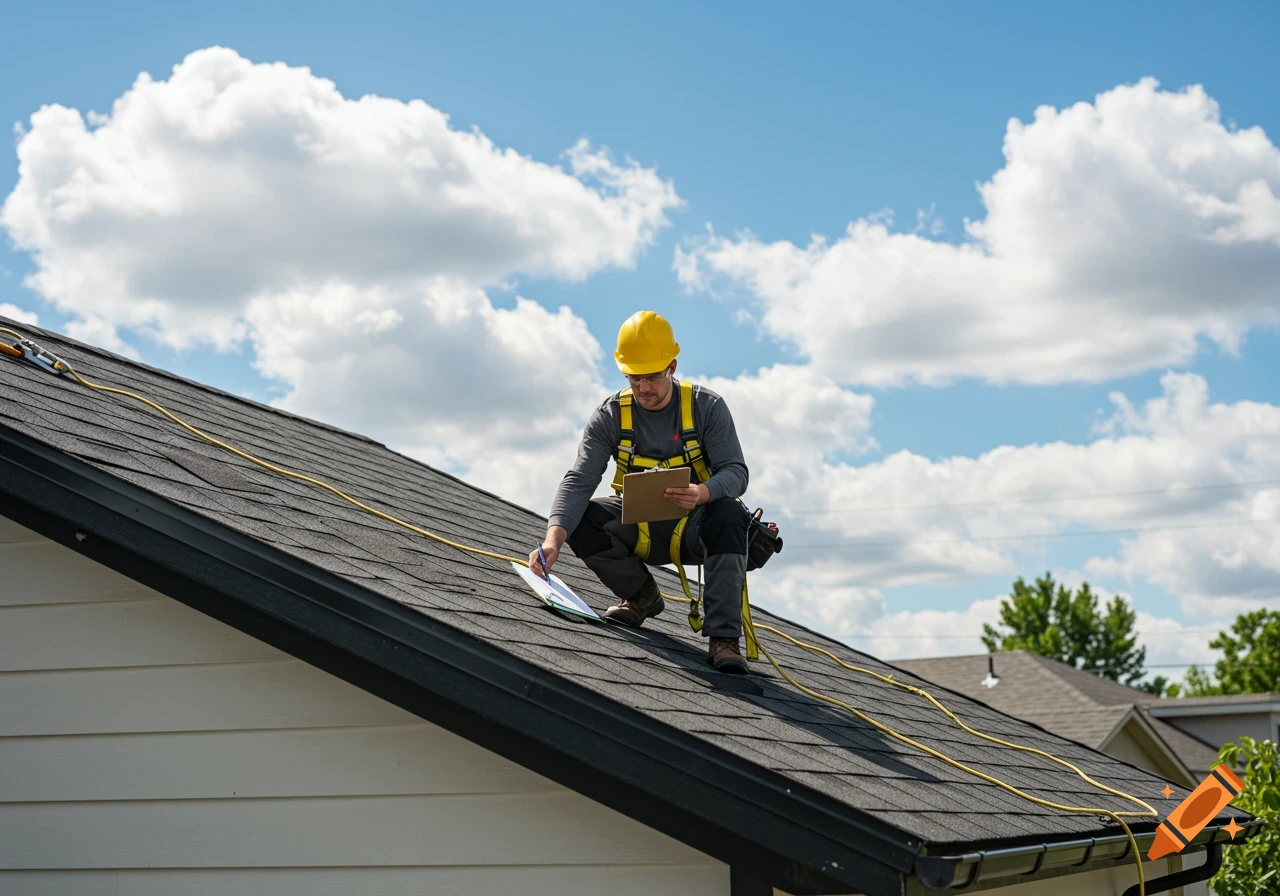 A roofing technician in safety gear inspects a residential asphalt shingle roof on a sunny day, holding a clipboard.