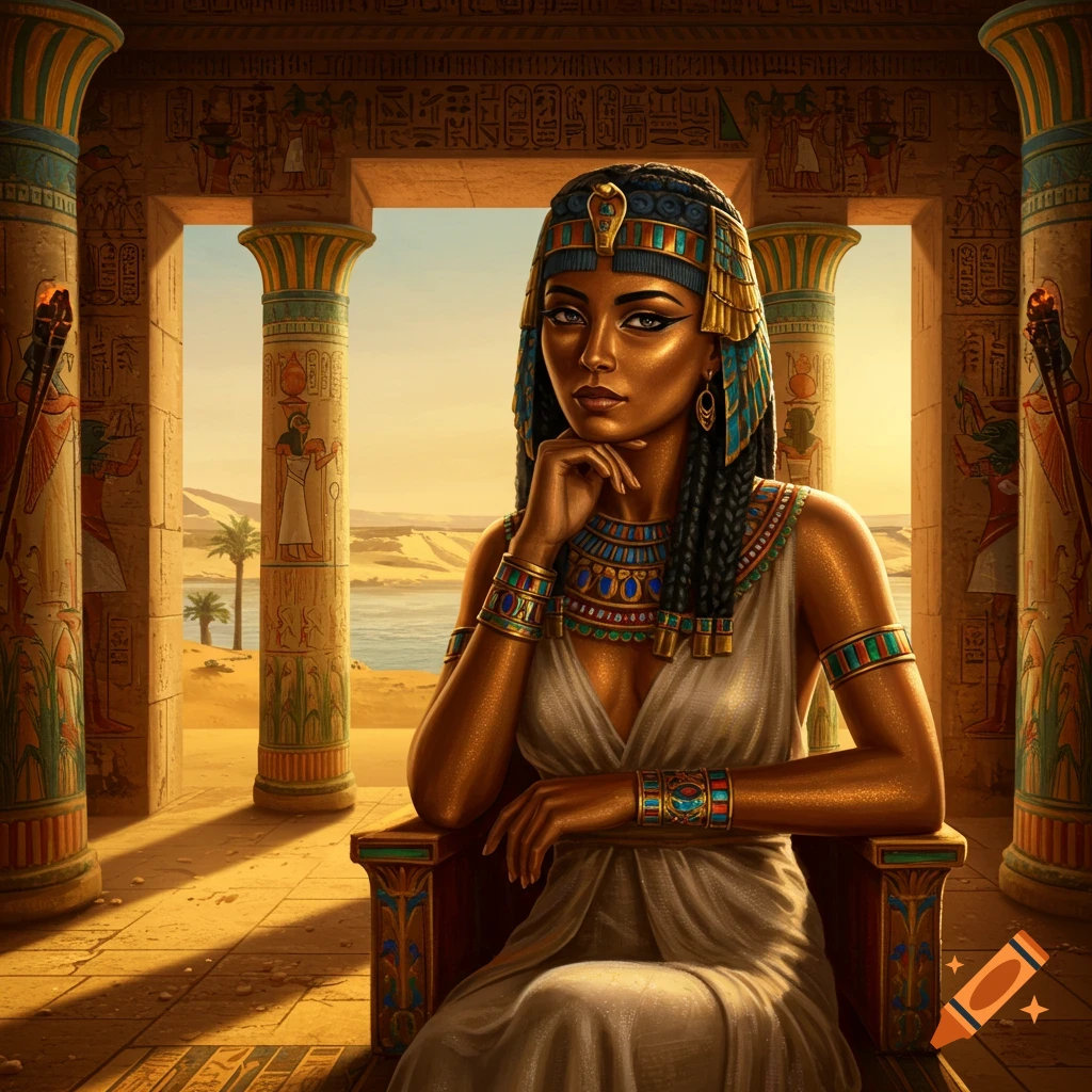An ancient Egyptian queen in elaborate gold and blue regalia sits on a throne in a temple with hieroglyphic pillars, overlooking a desert river.