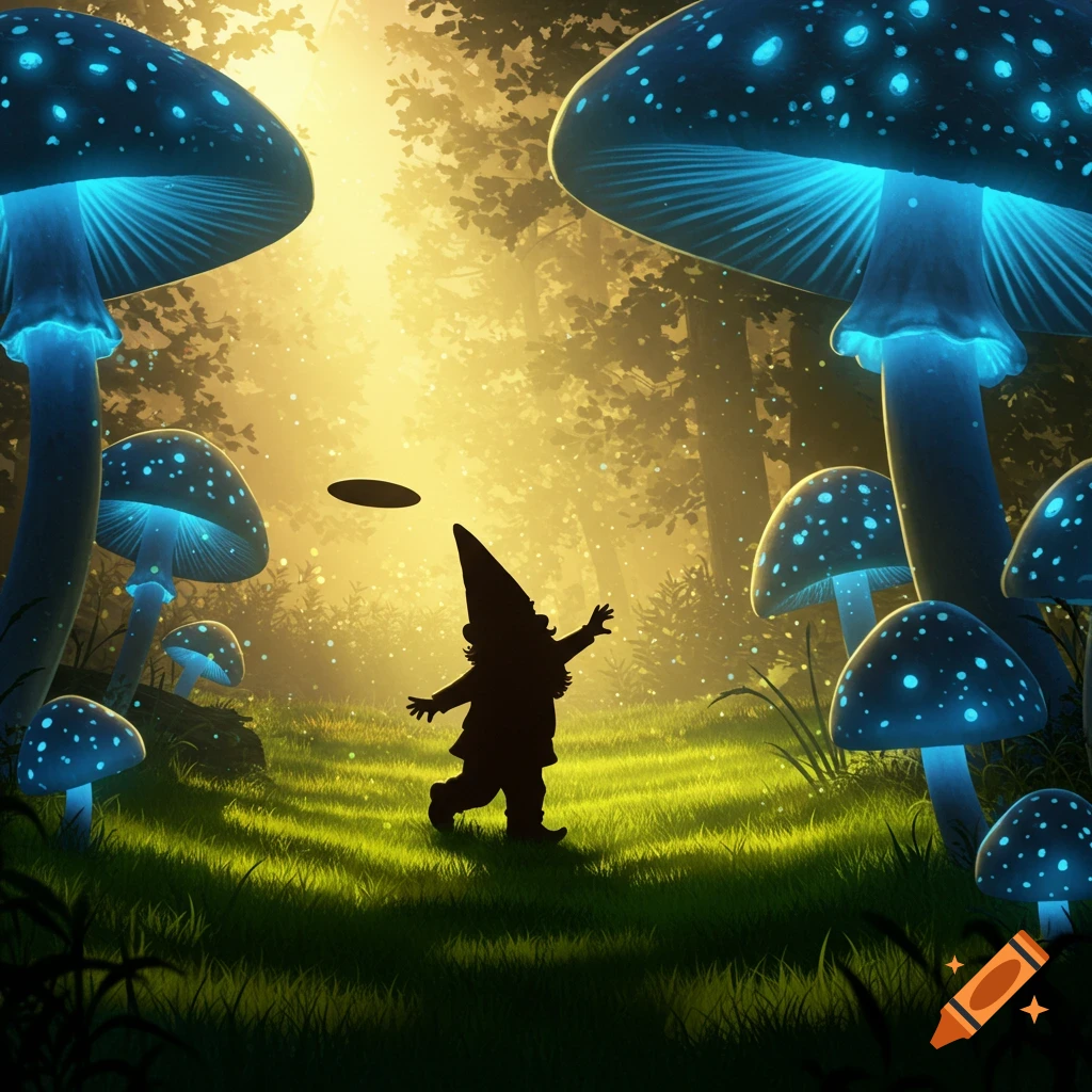 Silhouette of a yard gnome playing disc golf amidst glowing blue mushrooms in a magical forest.