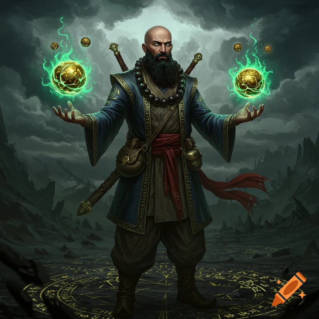 A bald, bearded wizard in blue and gold robes casts a spell, holding glowing green orbs amidst floating golden spheres in a dark, rocky landscape.