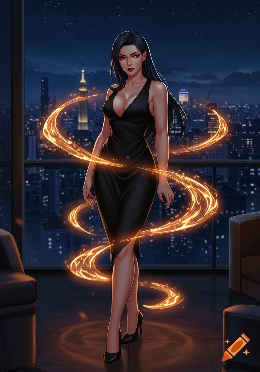 Anime woman with long black hair and ruby eyes in a black v-neck dress, surrounded by fiery magic on a penthouse balcony overlooking a nighttime city.