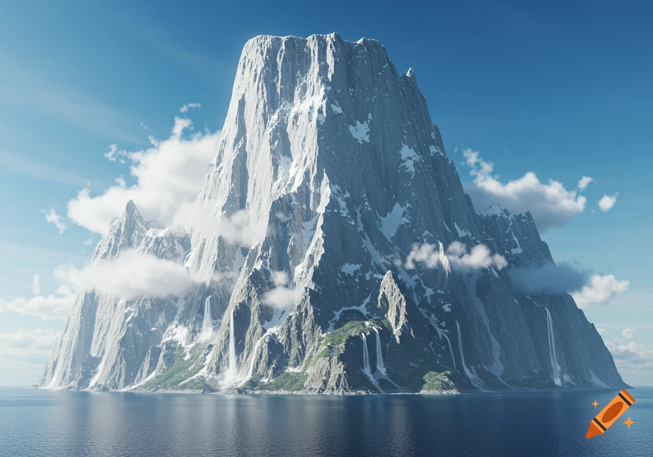 A majestic, snow-capped mountain with steep, jagged cliffs dramatically rises from the deep blue sea under a clear sky with scattered clouds. Waterfalls cascade down its verdant lower slopes.