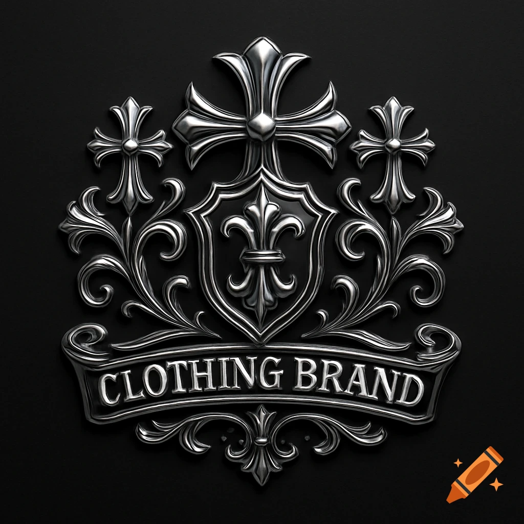 A detailed metallic silver logo for a clothing brand with ornate crosses and a banner reading 'CLOTHING BRAND' on a black background.