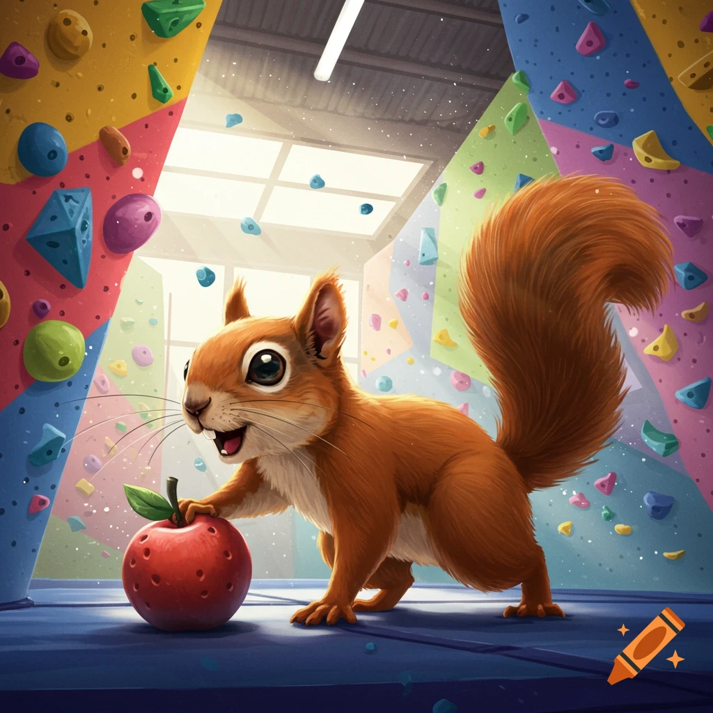 A cute, cartoon squirrel with big eyes holds a red apple in a colorful bouldering gym.