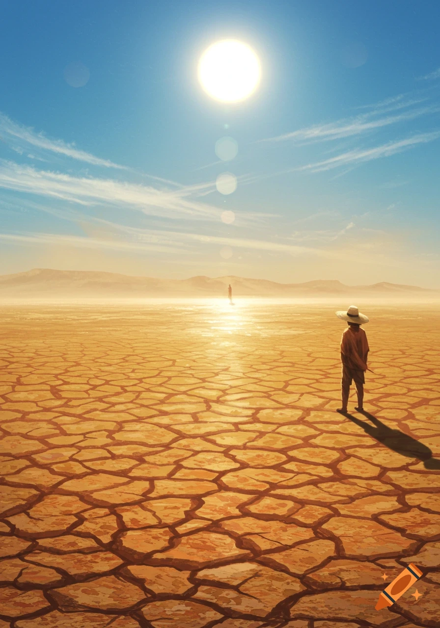 An illustration of a person wearing a hat standing alone in a vast, cracked desert under a bright sun, with lens flare.
