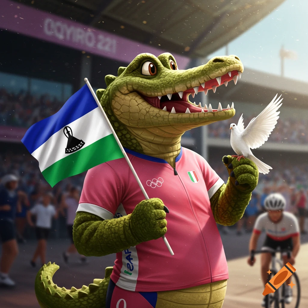 A cartoon crocodile mascot in a pink cycling outfit holds a flag of Lesotho and a white dove, at a sunny stadium.