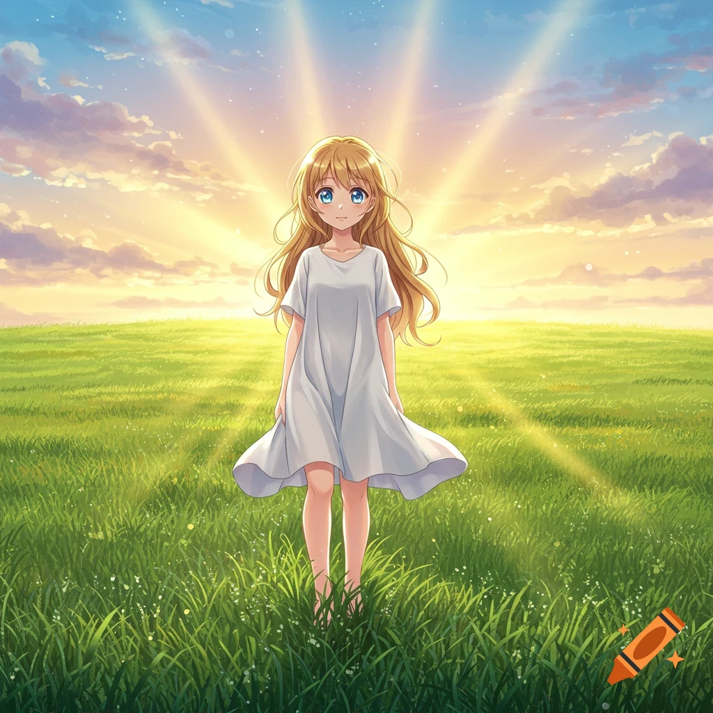 Anime woman with golden hair and blue eyes stands barefoot in a green field at sunrise in a white dress.