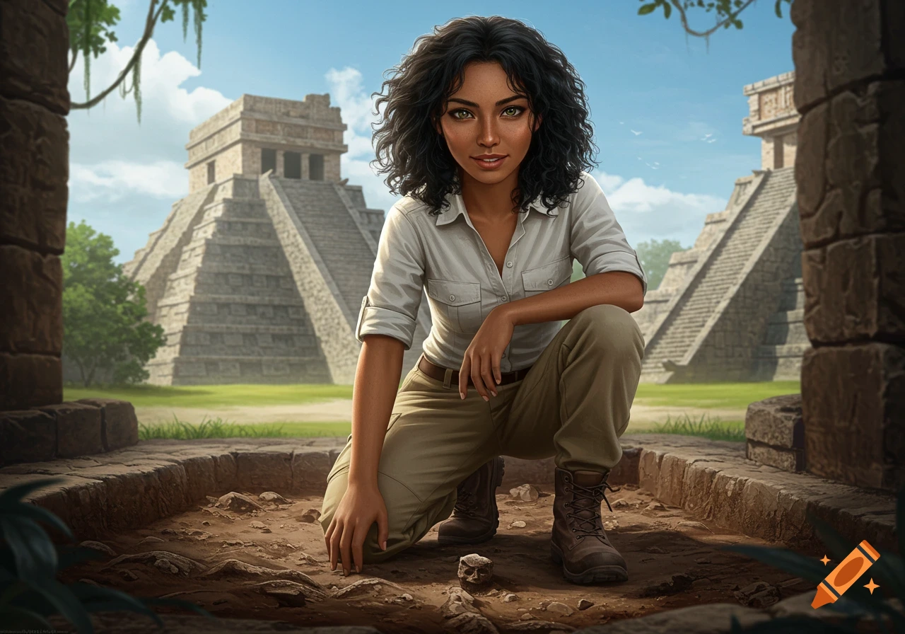A photorealistic portrait of an archaeologist with curly black hair, kneeling at a dig site with ancient stone pyramids in the background.