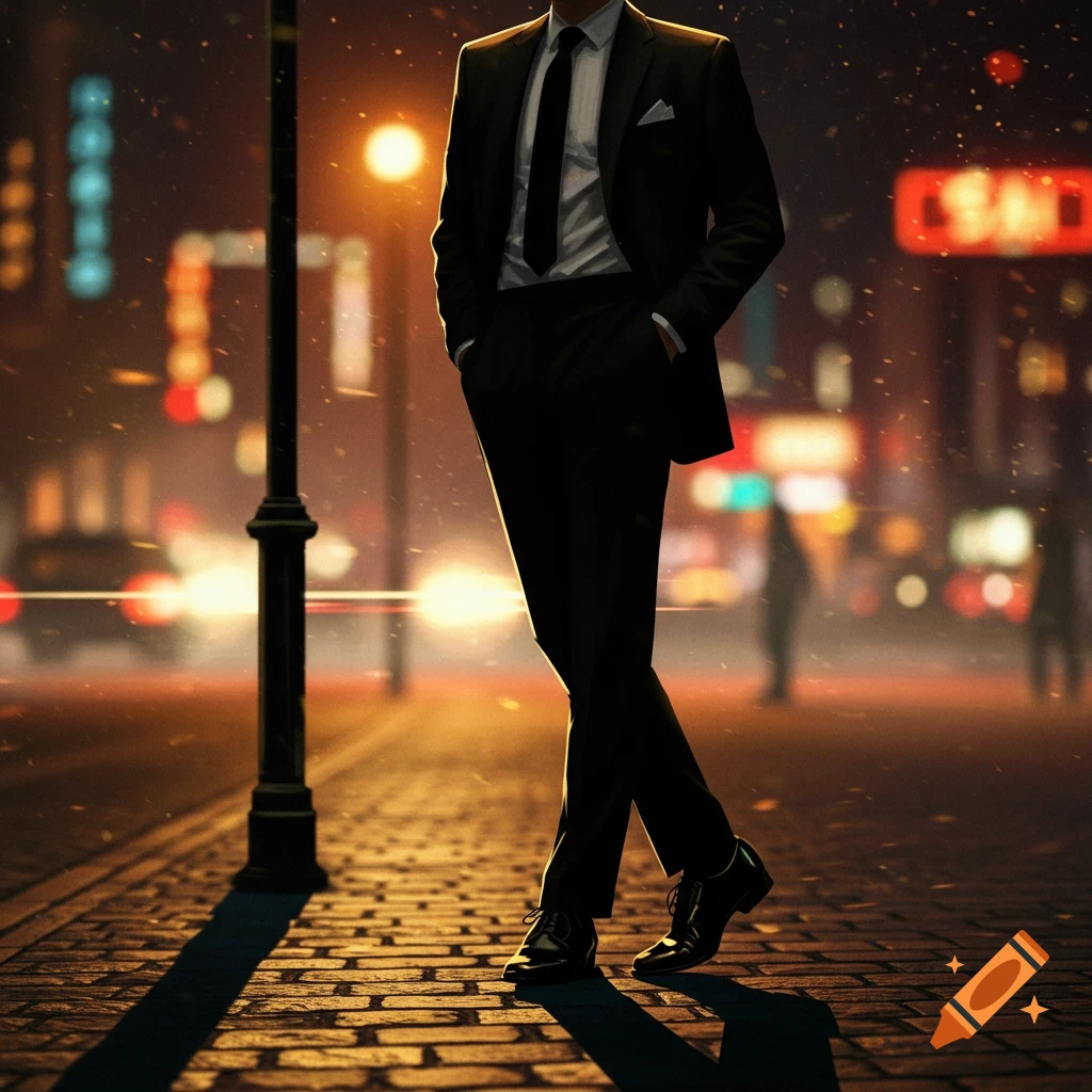 A man in a black suit with hands in pockets stands on a cobblestone street at night with blurred city lights.