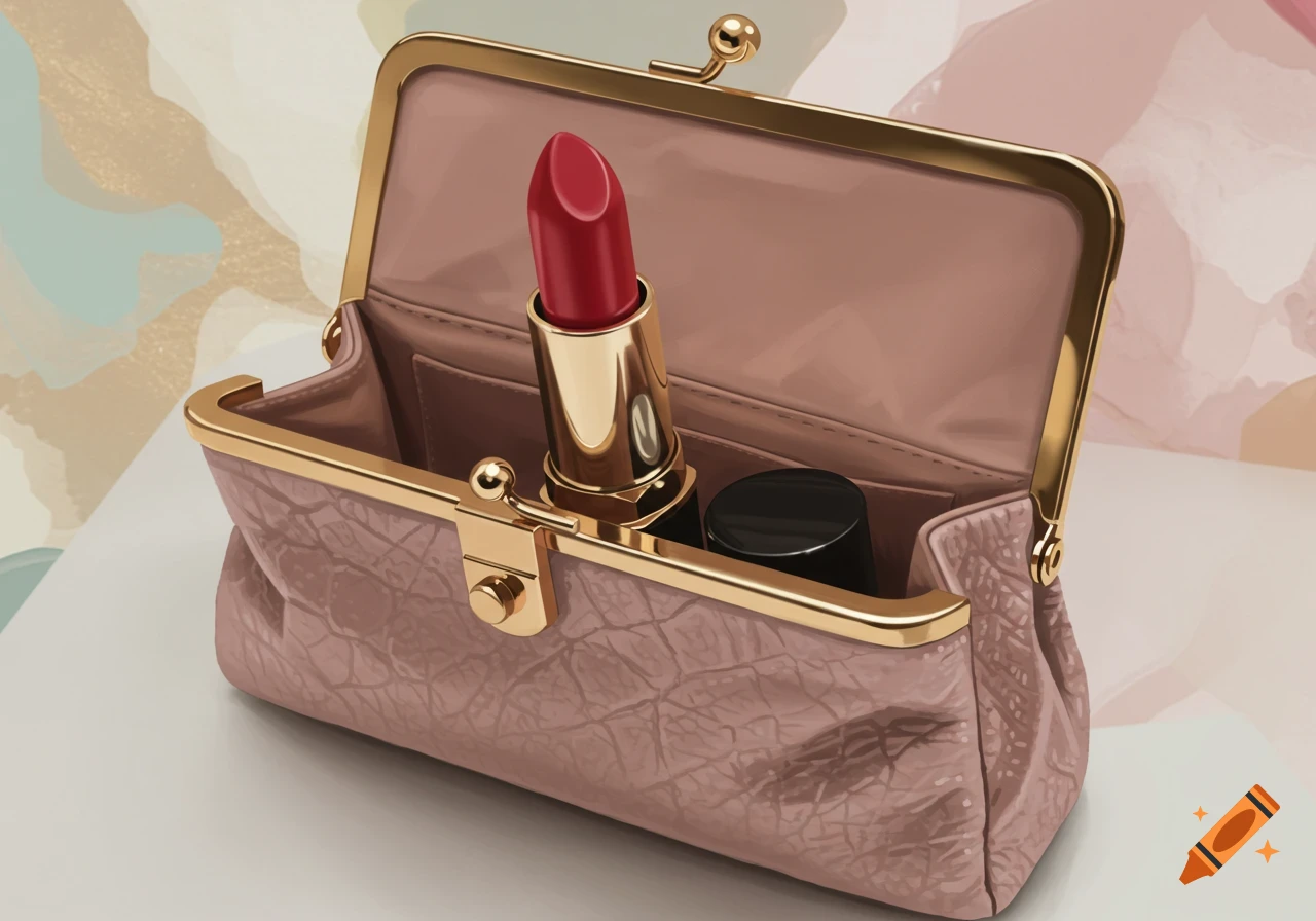 A vibrant red lipstick stands upright inside an open pink purse with gold accents on a soft, abstract background.