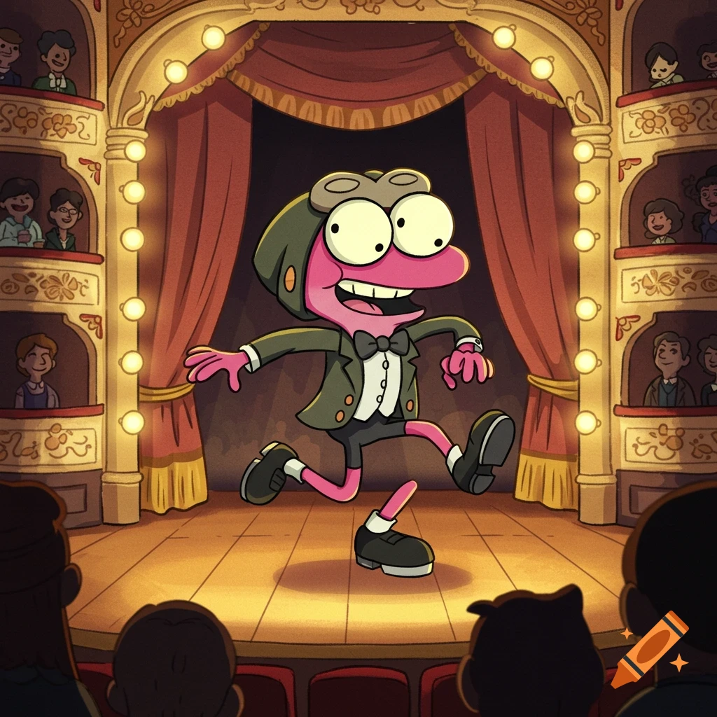 Sprig Plantar from Amphibia tap dances on a brightly lit stage in a tuxedo with an audience watching.