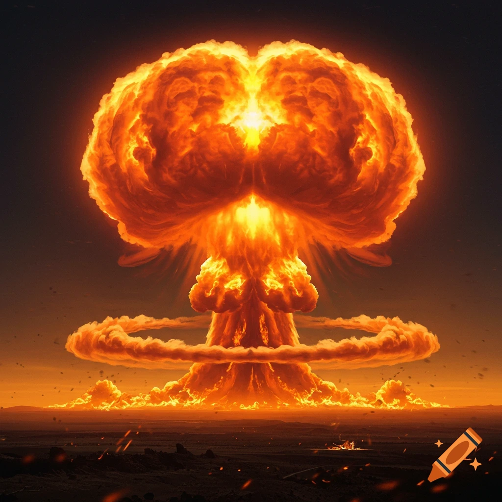 A massive, fiery orange and yellow nuclear mushroom cloud explosion rises above a scorched, dark landscape at sunset, with a ring of smoke and debris.