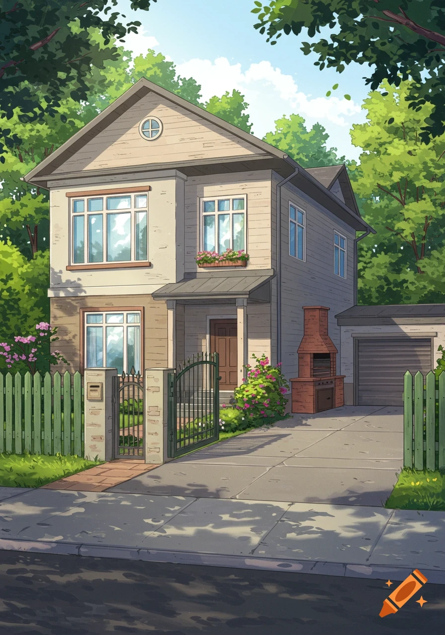 A two-story cartoon house with a green fence, an open gate, a driveway, an outdoor brick grill, and a garage, surrounded by lush trees under a blue sky.