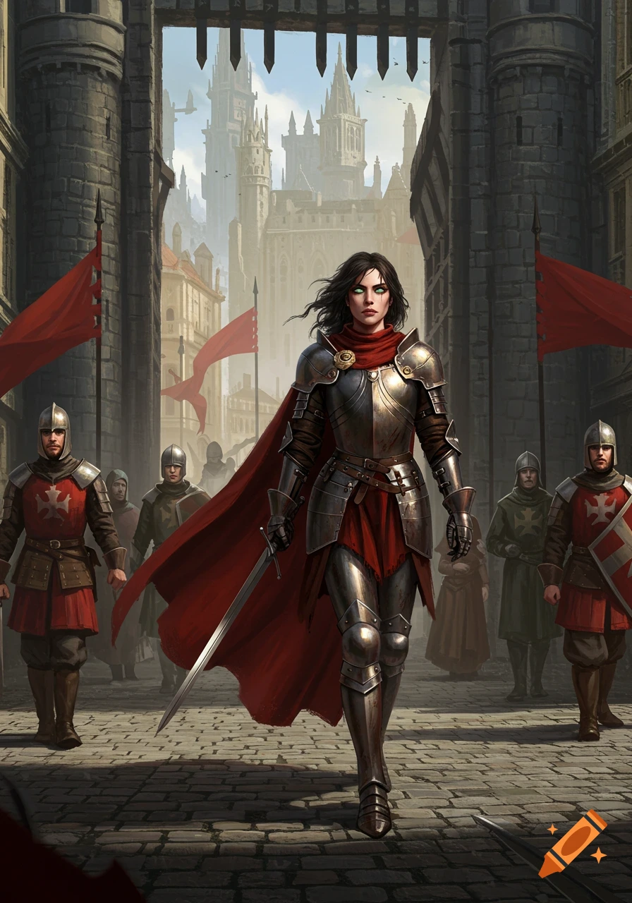 A female knight in ornate armor with a red cape and sword walks through a medieval city gate, accompanied by guards.