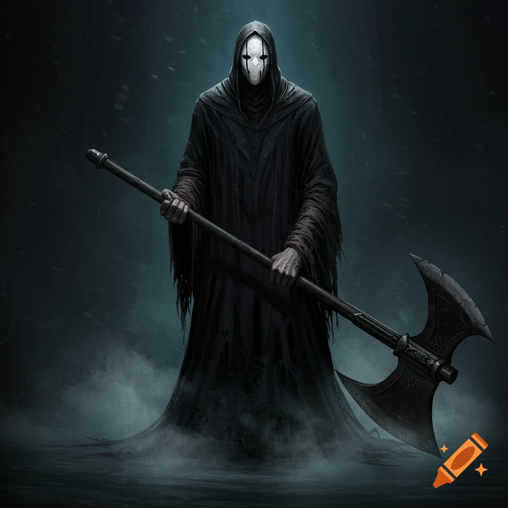 A dark fantasy image of a masked monster in a black hooded robe holding a giant double-bladed axe in a misty, somber setting.