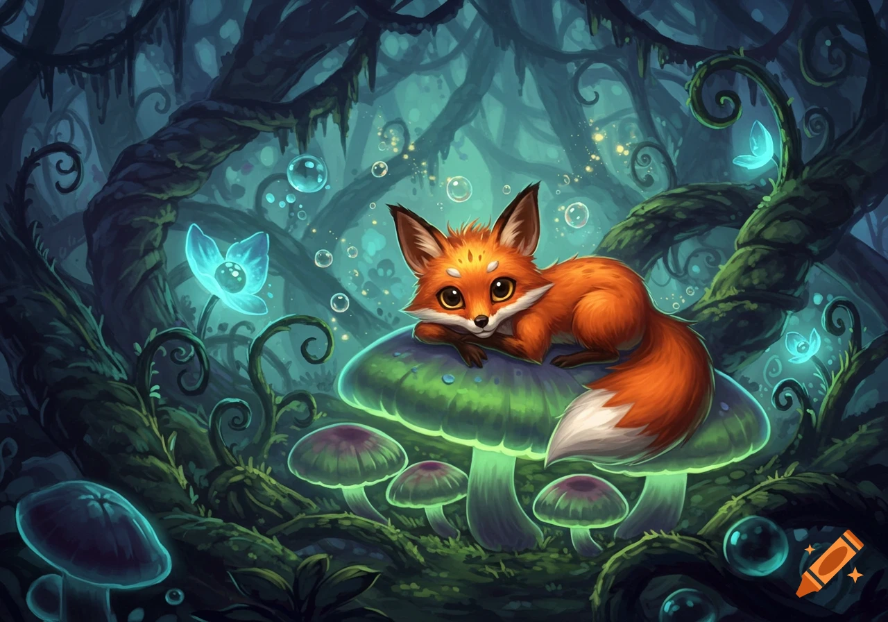 A cute, orange cartoon fox with big eyes rests on a glowing green mushroom in a mystical, dark forest filled with luminous plants and bubbles.
