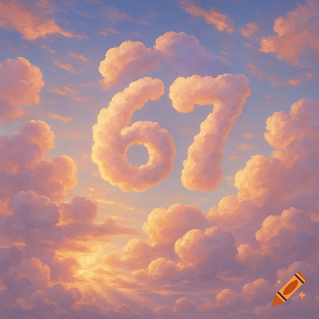 The number 67 formed by fluffy, peach-colored clouds in a serene blue and orange sky.