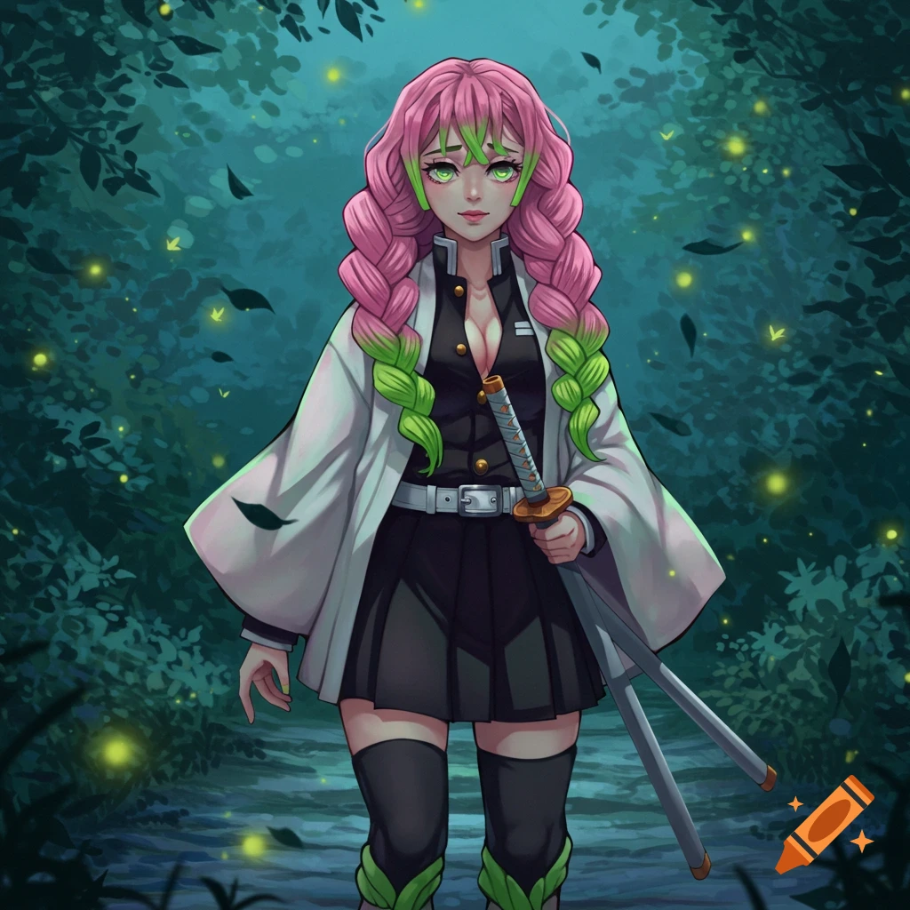 An anime character with long pink and green braided hair in a uniform holds a sword in a magical forest with fireflies.