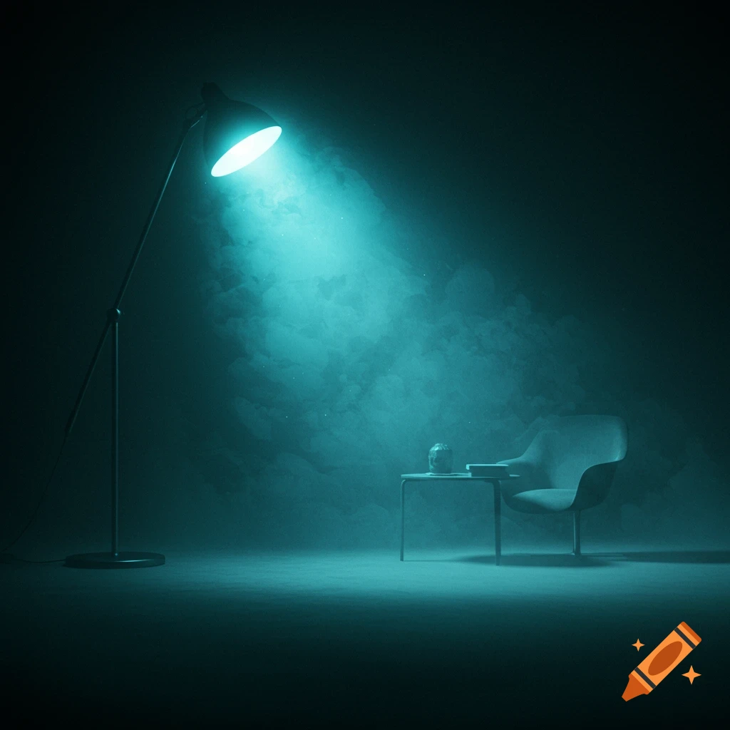 A floor lamp casts a bright cyan light onto a small table and chair in a dark, smoky room, creating a moody atmosphere.