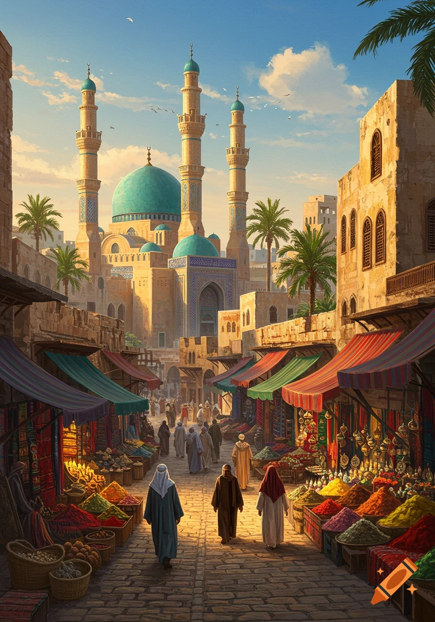 A bustling market street in an ancient Middle Eastern city, with a grand mosque, people in traditional robes, and stalls with colorful spices.