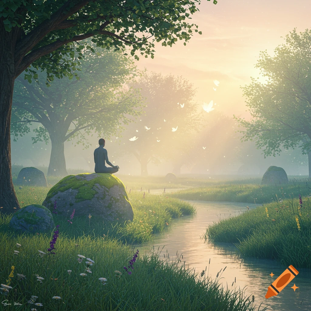 A solitary figure meditates on a mossy rock in a serene, misty forest at sunrise, with a winding river and trees.