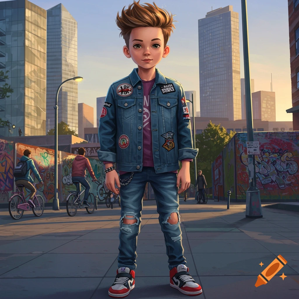 A stylized image of a young boy with spiky brown hair, wearing a denim jacket with patches and ripped jeans, standing on a city street with tall buildings and graffiti in the background.
