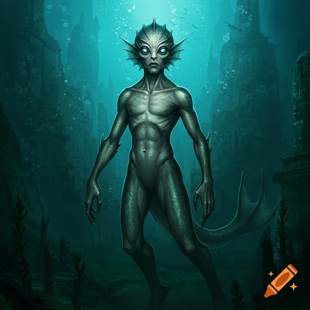 A gray-green, scaly humanoid creature with glowing eyes and a fish tail stands in a dark underwater city.