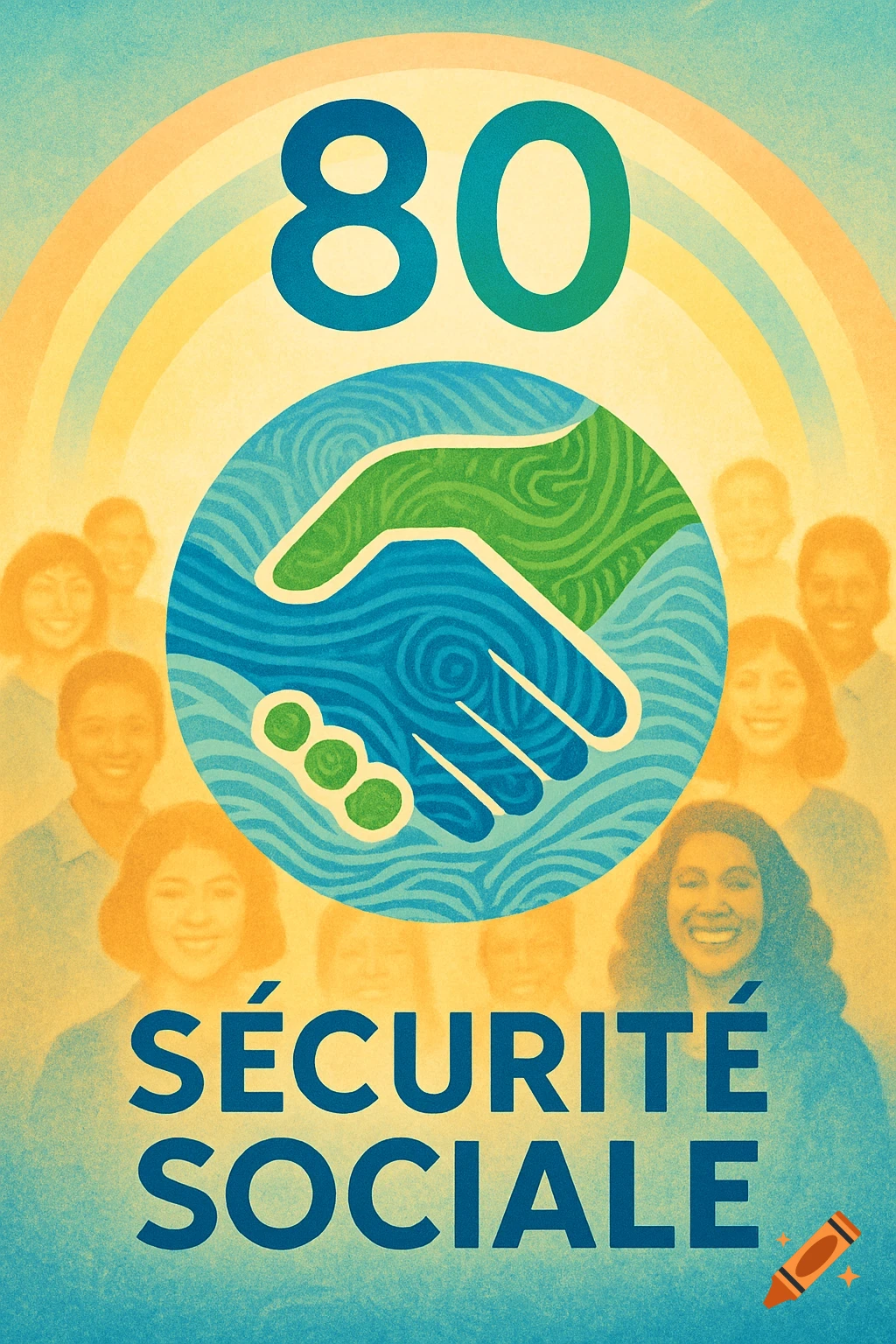 A textured graphic poster for the 80th anniversary of social security, featuring a handshake icon, rainbow, '80', 'SÉCURITÉ SOCIALE', and blurred smiling faces.