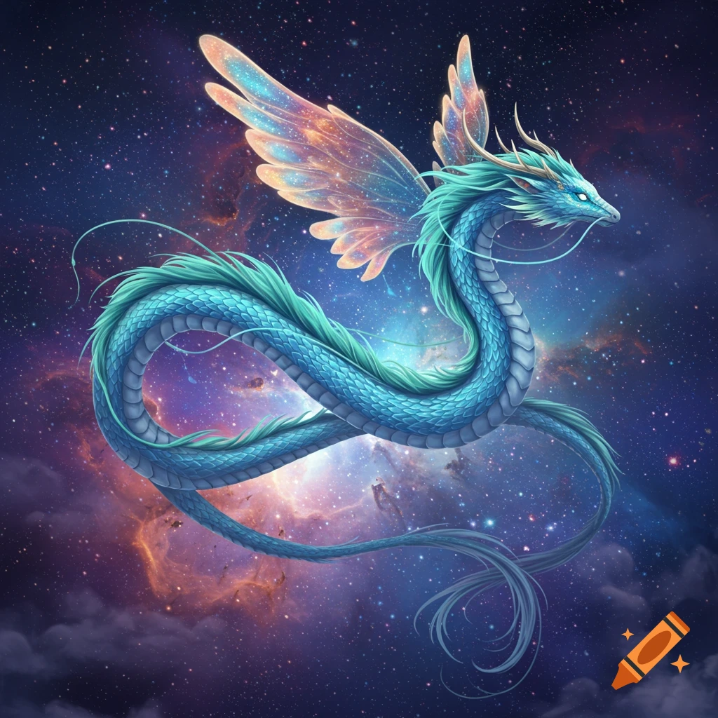 A shimmering blue-green dragon with iridescent fairy wings floats majestically in a cosmic nebula filled with stars.