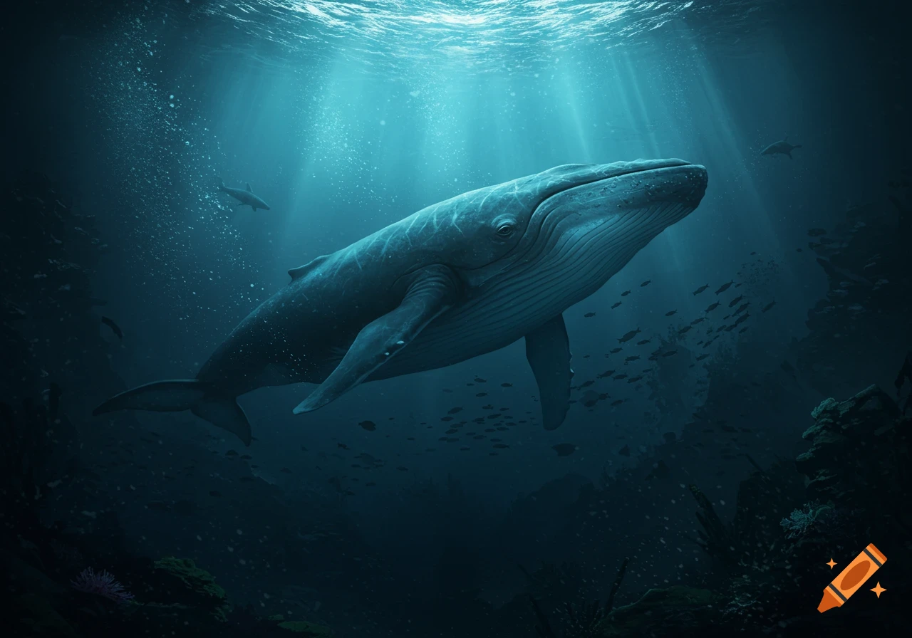 A massive photorealistic blue whale swims through dark, deep ocean waters, illuminated by rays of light from above.