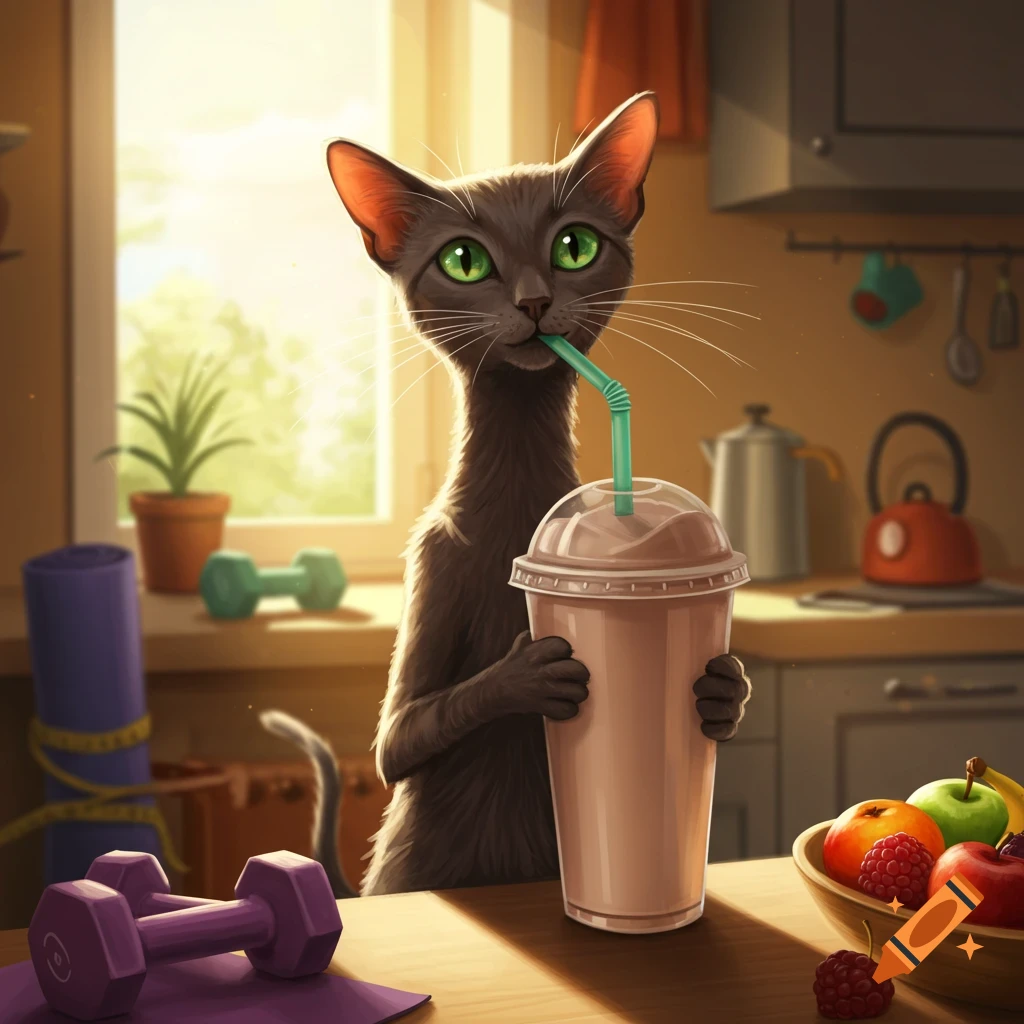 A stylized grey cat with green eyes sips a large chocolate protein shake through a green straw in a sunlit kitchen, with fruit and dumbbells nearby.